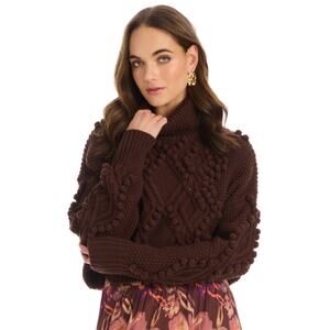 Allison New York Daphne Sweater S/P Brown Chunky Cable Knit Bobble Turtleneck